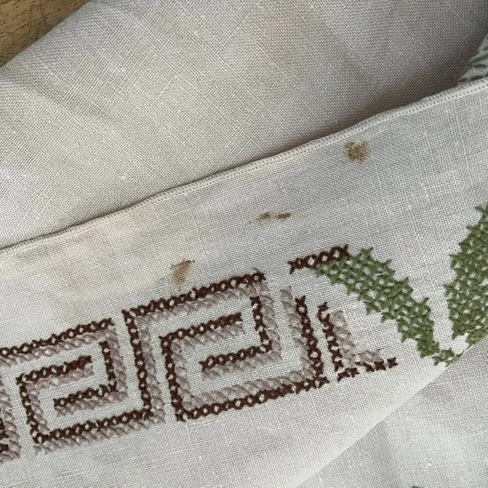 Vintage Beige Linen Tablecloth 73 x 56 Cross-stitch Embroidery Greek Key Border